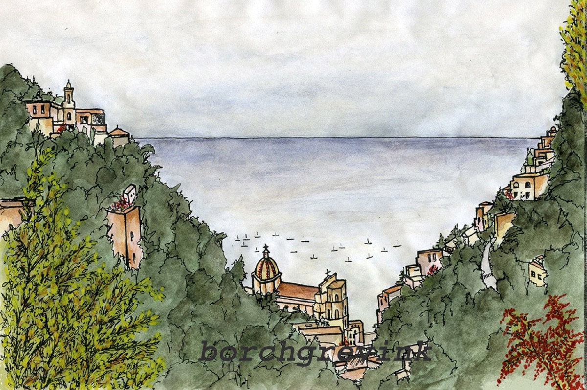 Positano, Amalfi Coast, Campania, Italy - watercolor 12" x 16" including mat