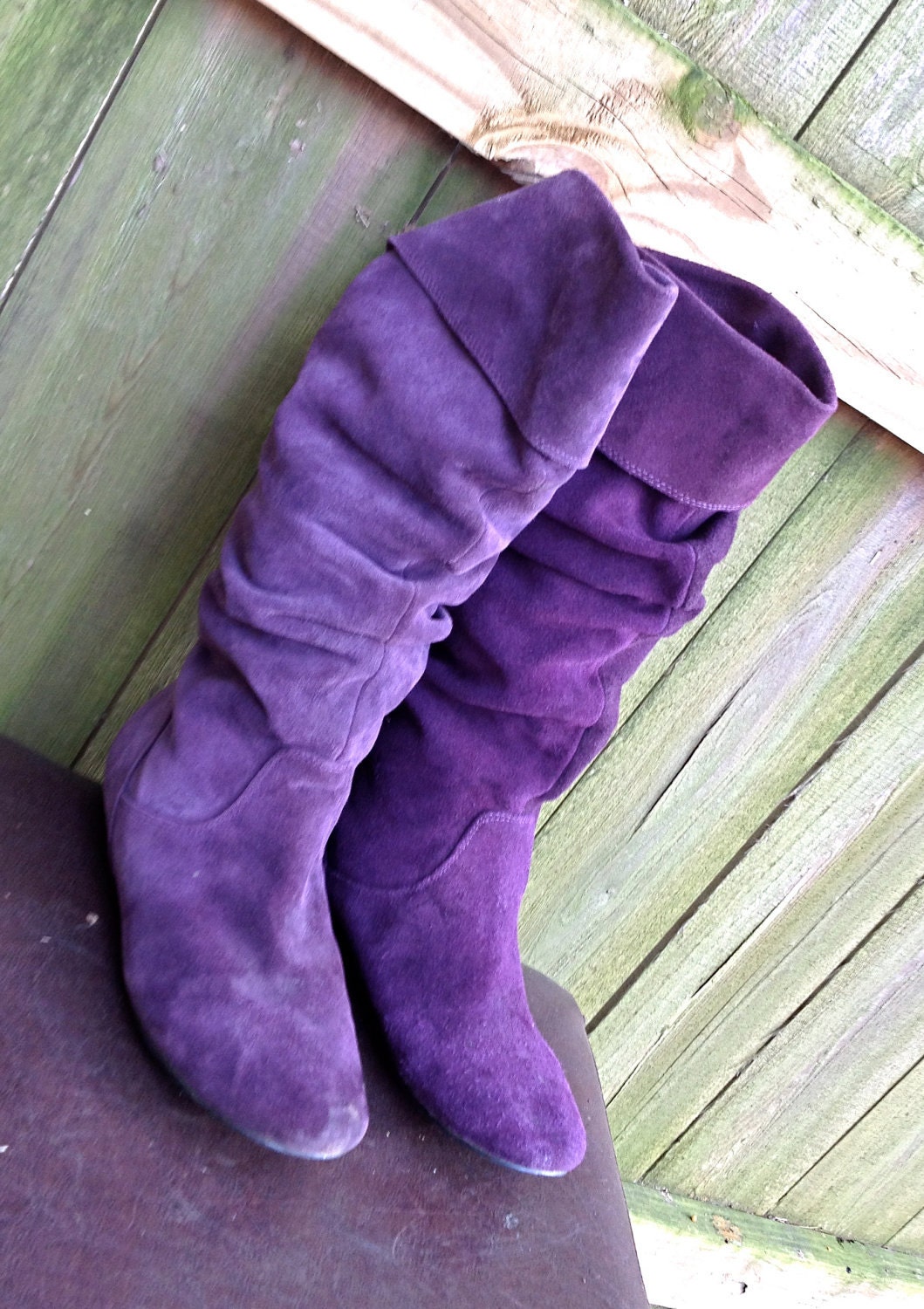 Vintage Purple Suede Flat Boots Slouchy Tall Foldover By Mkmack 