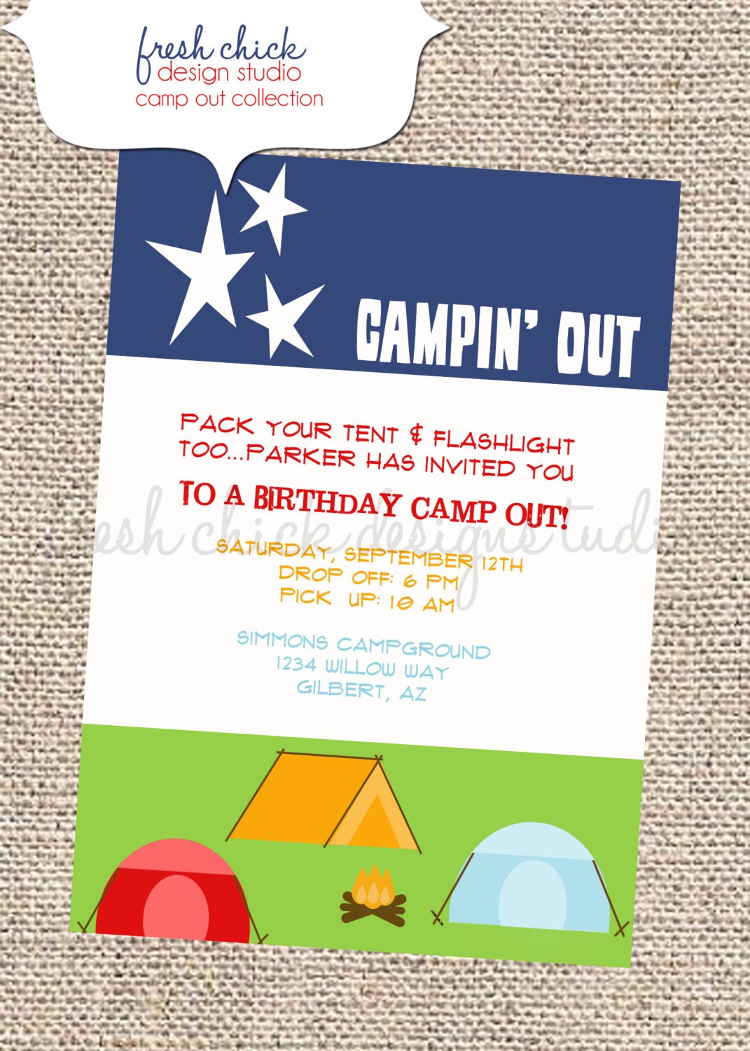 Printable Party Invitation - Camping Out Sleepover Boy Birthday Invite - Fresh Chick Design Studio Il_170x135