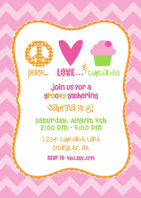 PRINTABLE PARTY INVITATION - Peace Love and Cupcakes - Petite Party Studio Il_570xn