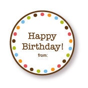 Happy Birthday Gift Labels Brown with Multi Dot Border