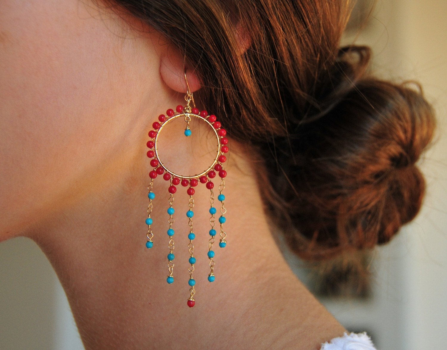 NEVINA Dea Turquoise and Coral Gold Fill Earrings- Ready to Ship