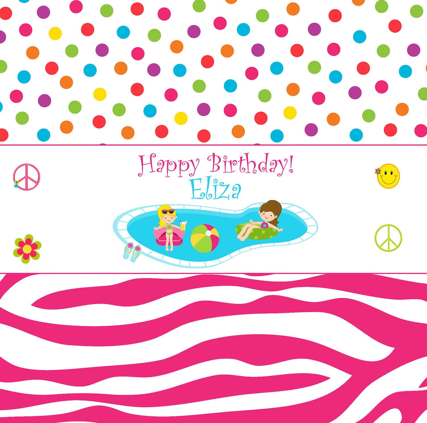 Girls Pool  birthday party candy bar wrapper--  Pool party - swimming party -- summer party flip flops zebra print