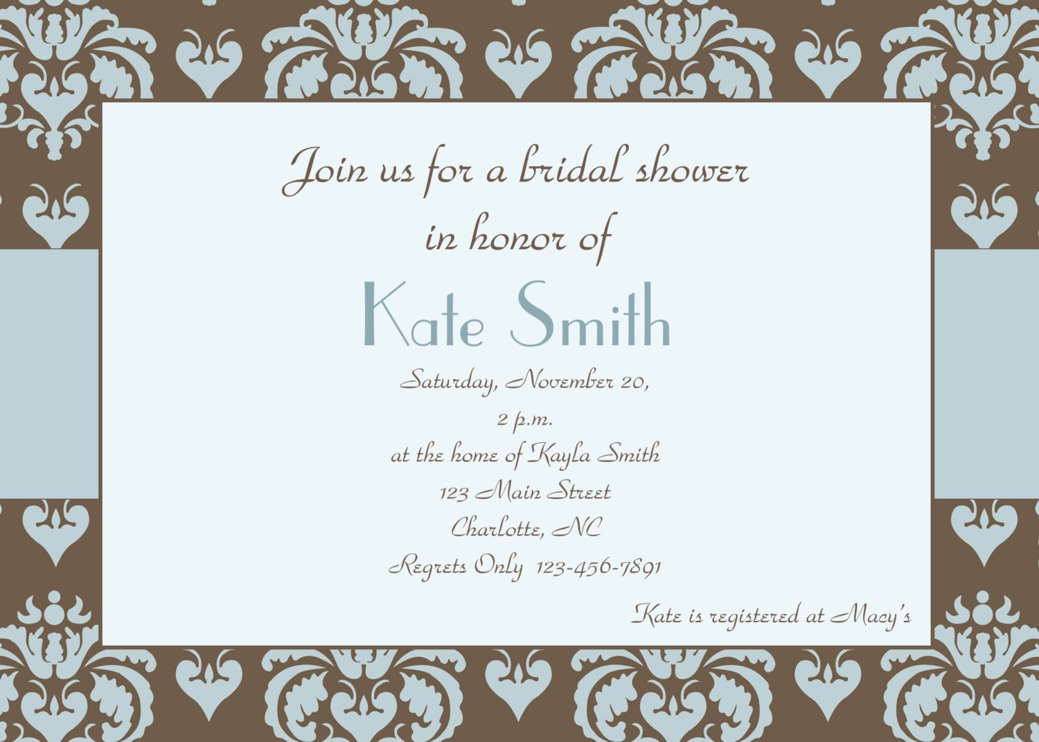 Bridal Shower Invitation -- blue and brown damask - custom and ...