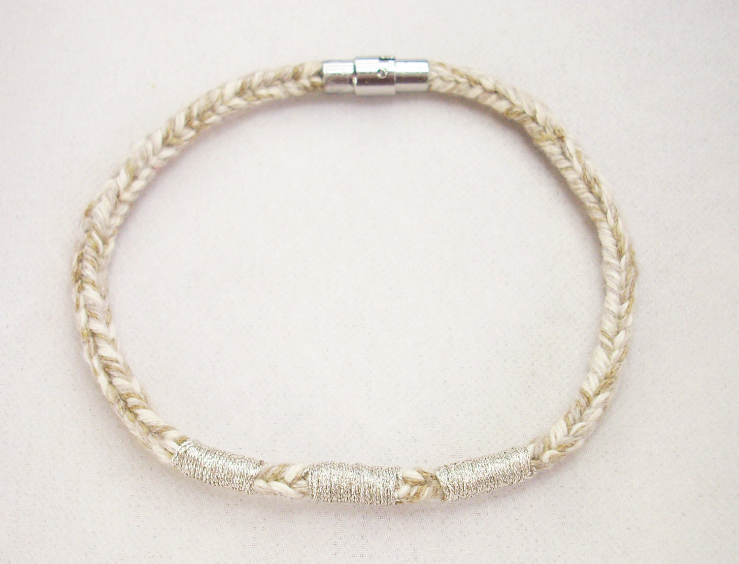 Beige Recycled Cotton Silver Embroidered Magnetic Closure Vrlika Bracelet