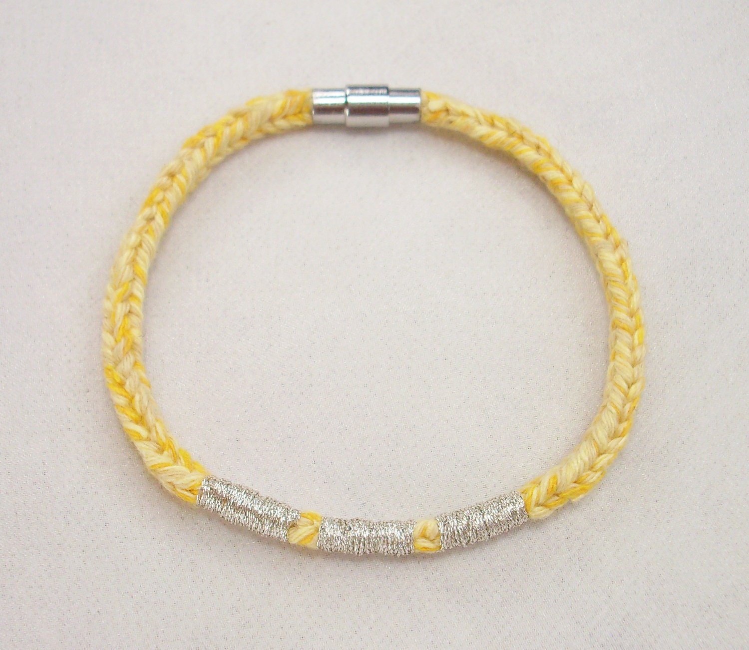 Yellow Recycled Cotton Silver Embroidered Magnetic Closure Vrlika Bracelet