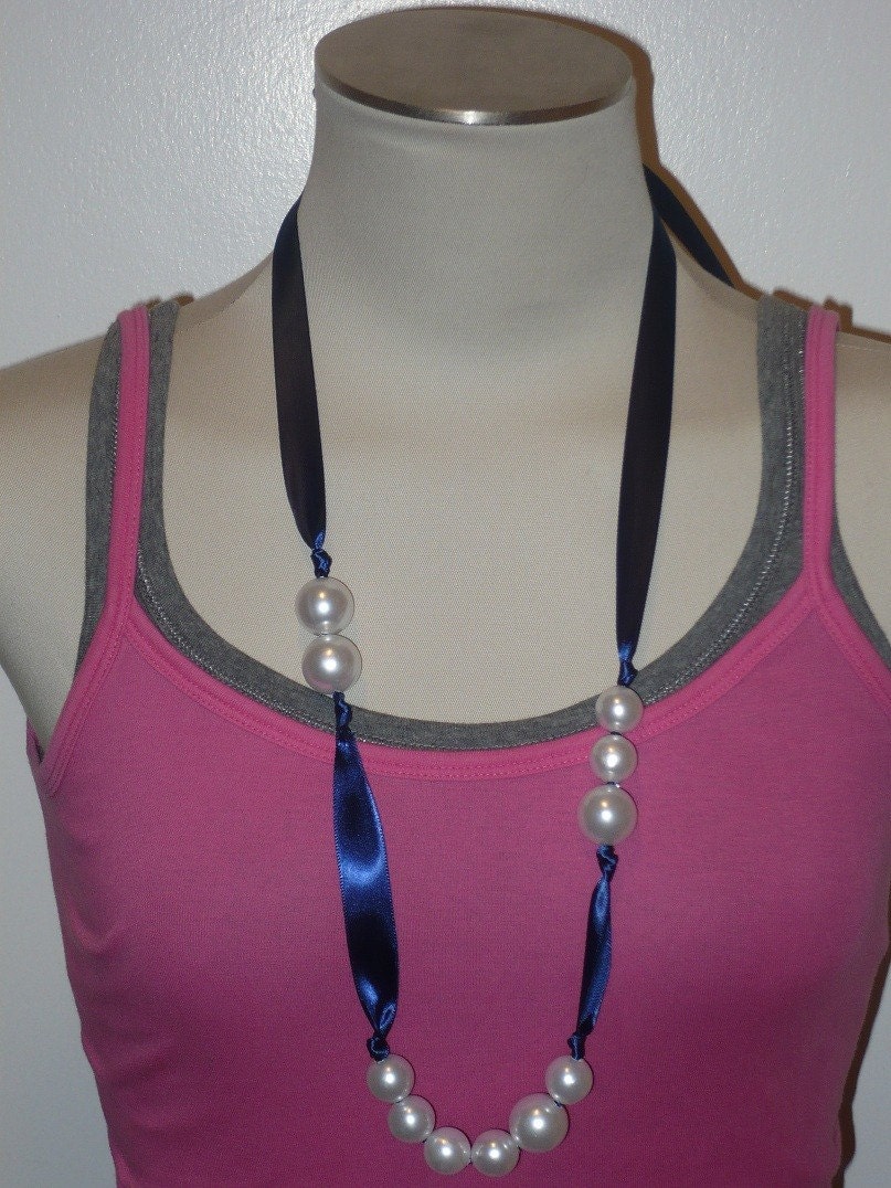 Long Navy Assymetrical Knotted Pearl and Ribbon Necklace