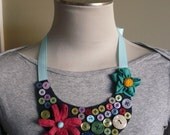 Spring Forward Colorful Button and Flower Bib Necklace