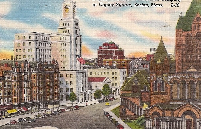 Copley Square Boston MA Vintage Postcard City Street Scene New England Mutual Life Insurance Co. Massachusetts 1950s