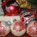 Red Glass Christmas Ornaments and Off White Silverish Ornaments Lot of 5 - Larger Size for Holiday Decorating  Shabby Chic Vintage Condition