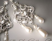 Pearl Chandelier Bridal Earrings Long Dangling Crystal Rhinestone Romantic Silver Wedding Jewelry - DENISE Earings