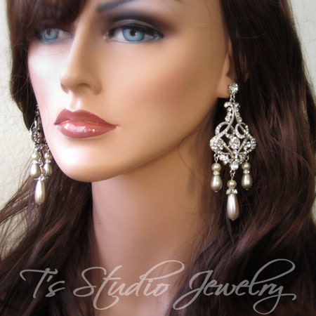 Chandelier Pearl Bridal Wedding Earrings - DENISE Rhinestone Earings