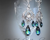 Peacock Blue Wedding Jewelry Bridal Chandelier Earrings Bridesmaid Crystal and Rhinestone Silver Earings