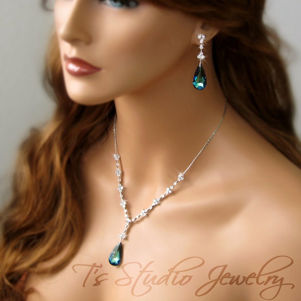 Peacock Blue Teardrop Crystal Bridal Bridesmaid Necklace and Earring Set - MARISSA