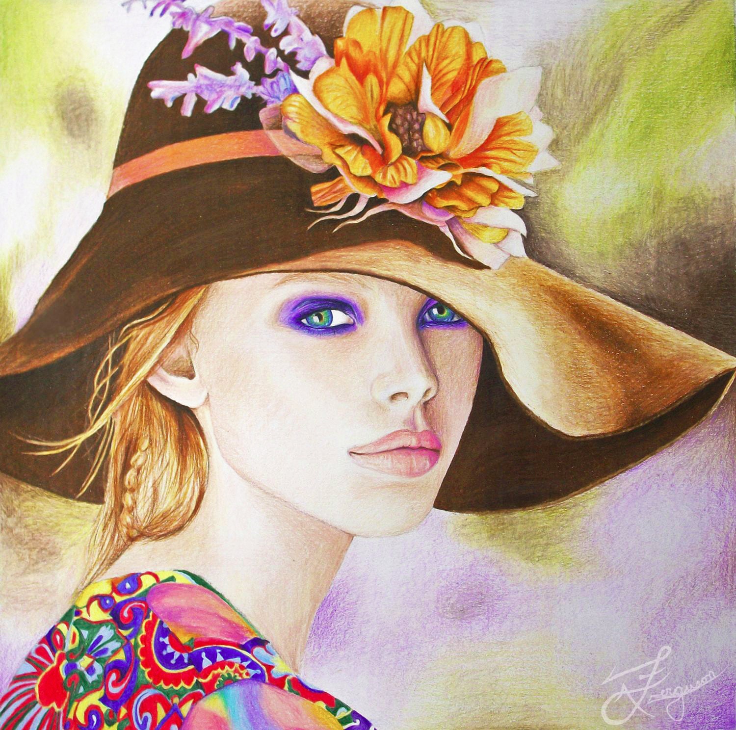 Renewal - Original Art giclee print - boho chic, spring, artwork, home decor - Lady in hat, poppy, colorful - LainyArt