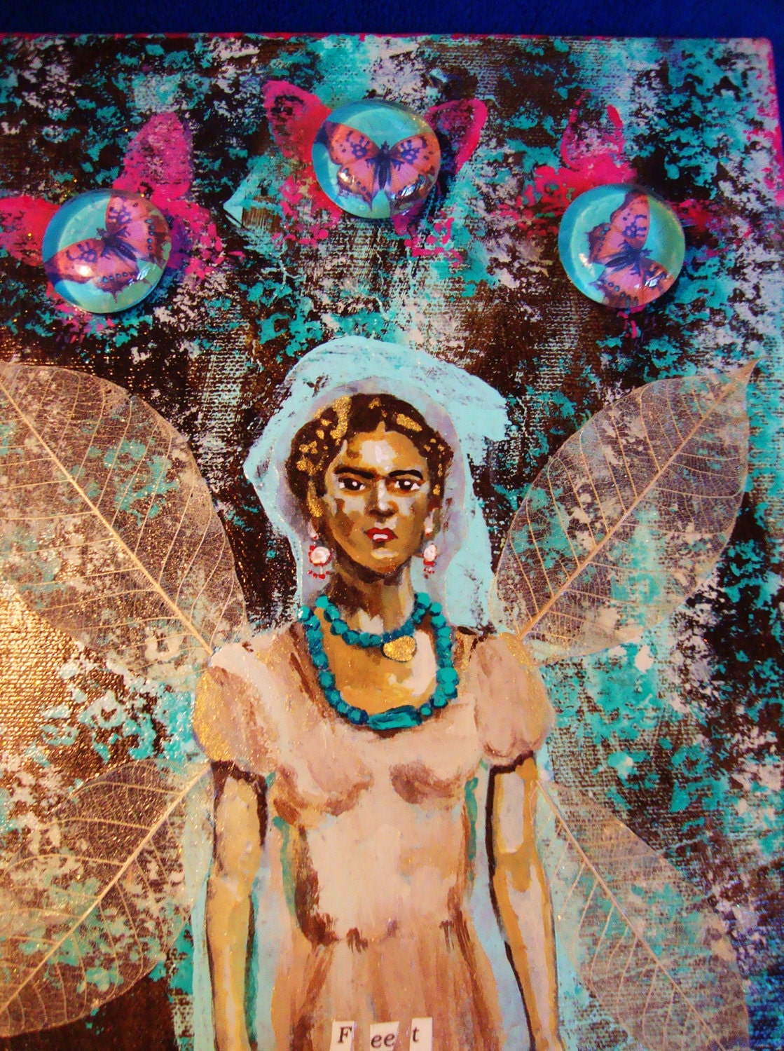 Frida Kahlo When I Have Wings to Fly 8x16 ORIGINAL PAINTING mixed media Folk Art