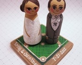 Wedding Cake Topper / Custom Painted Wood Peg Dolls/ Couple with Fully Custom Plaque/ Sports fan