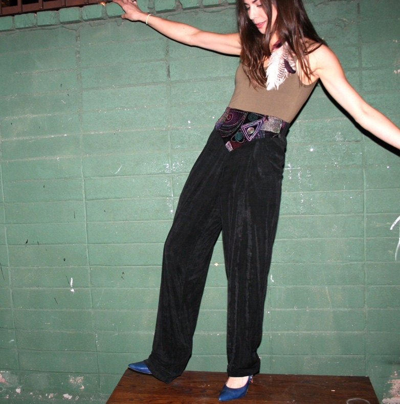 Black Harem Stretch Pants With Crazy Art Waistband - Vintage 1980s Size 6