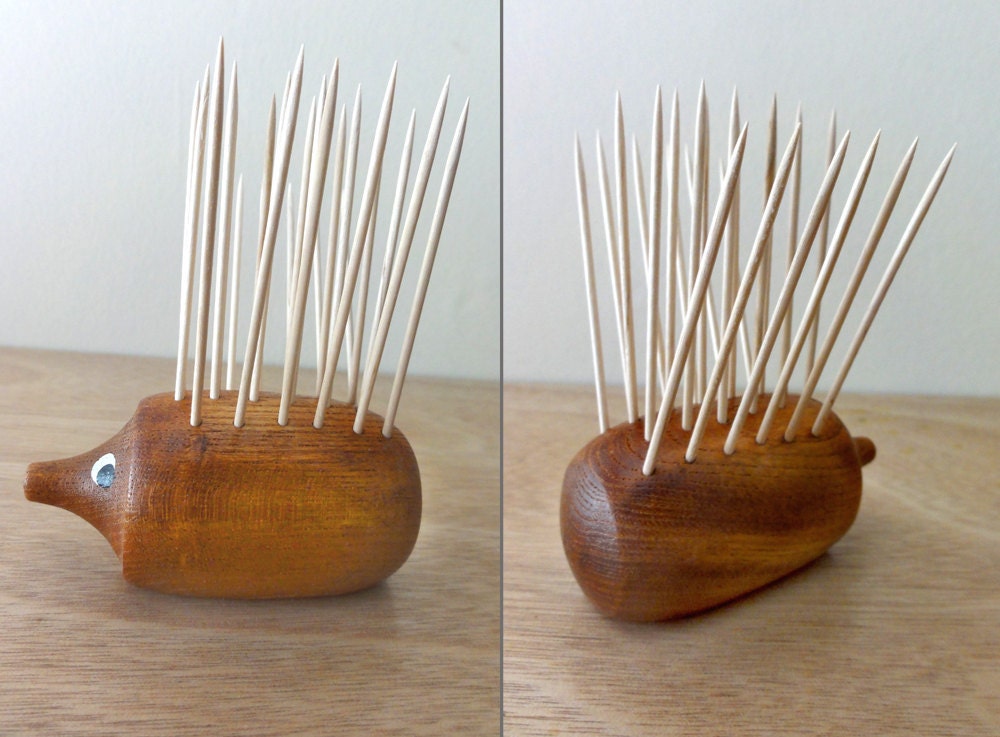 Vintage Mid Century Teak Hedgehog Toothpick Holder