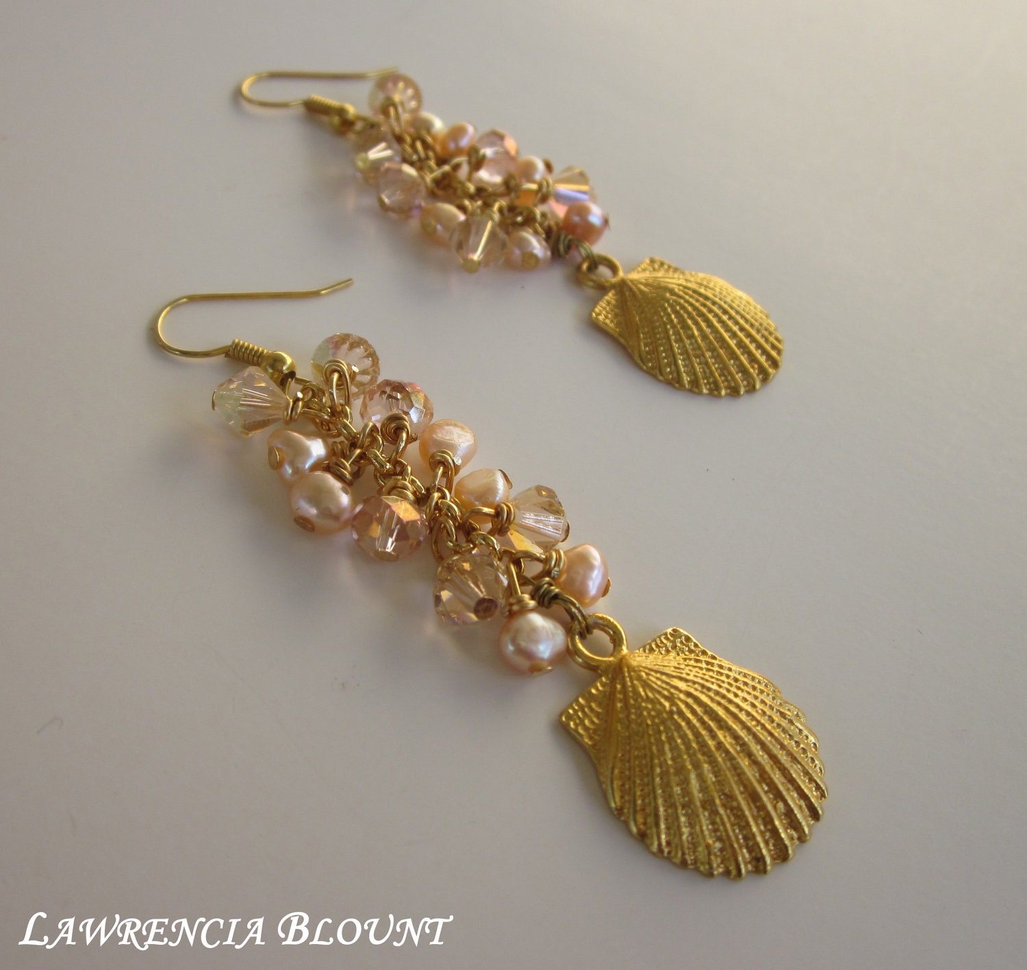 Seashell Bridal & Bridesmaid Crystal Pearl Gold Earrings