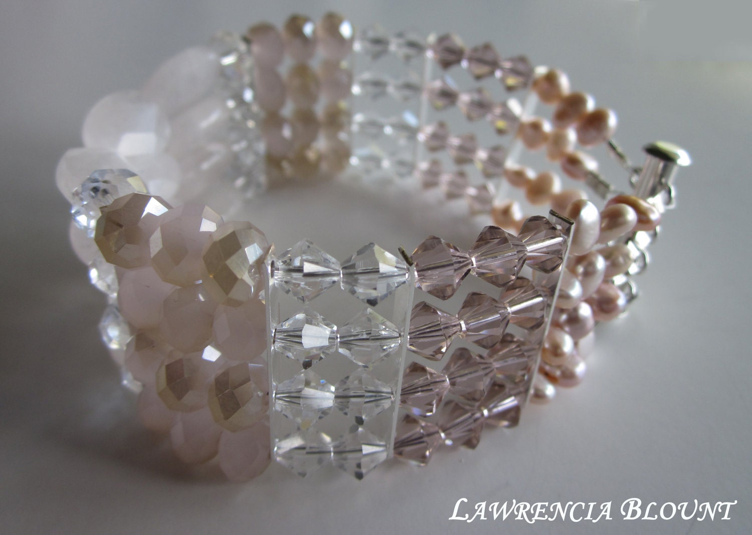 Rose Quartz Pink Pearls and Crystals Sparkling Jewel Bridal & Bridesmaid Statement Bracelet and Matching Earrings for Zurina