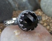 Midnight Rose - 9mm Rose Cut Black Melanite Garnet with Heart Crown Bezel Setting