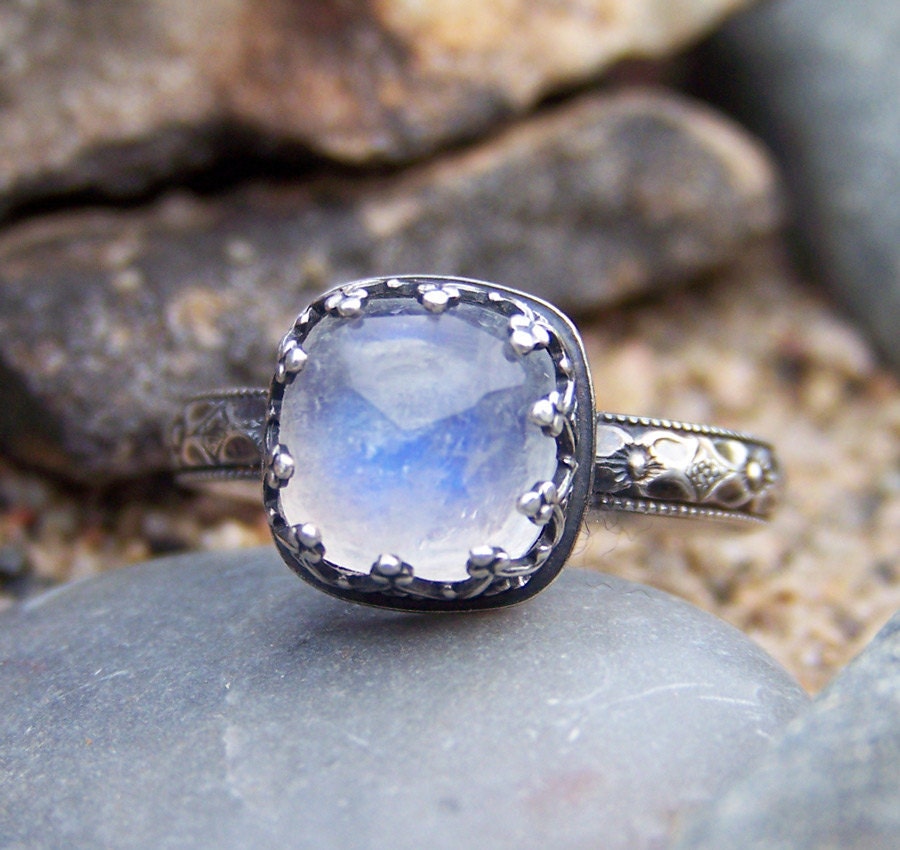 Ice Princess Ring - 8mm Rose Cut Rainbow Moonstone in Heart Crown Bezel - Last one in stock
