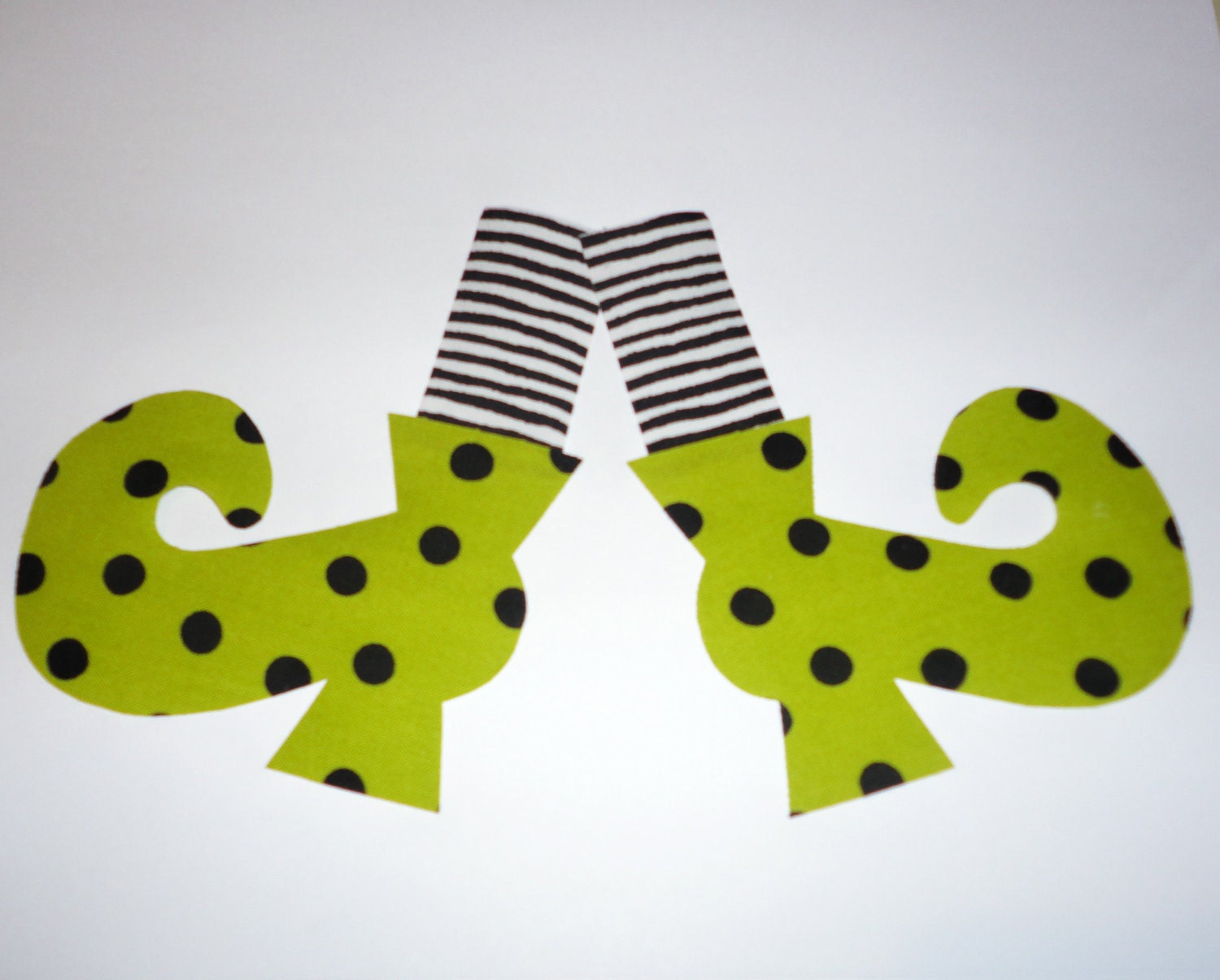 Iron On Applique Black Stripe Stocking Green With Black Dots WITCH SHOES