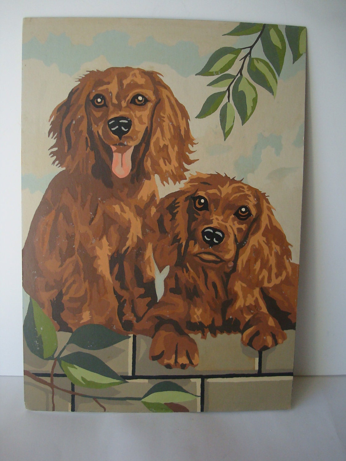Vintage Paint By Number Painting Dogs Retriever Pups 1950's Retro