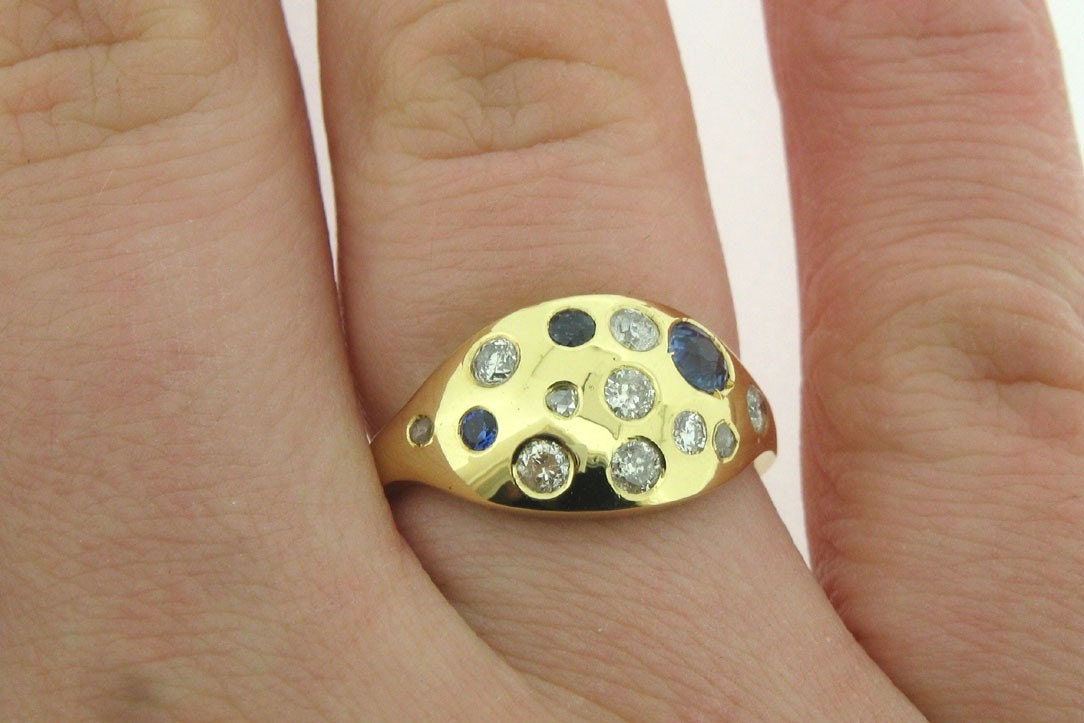 18K Yellow Gold Ring With Diamonds and Sapphires Custom Ring Re-Design Project Made to Order