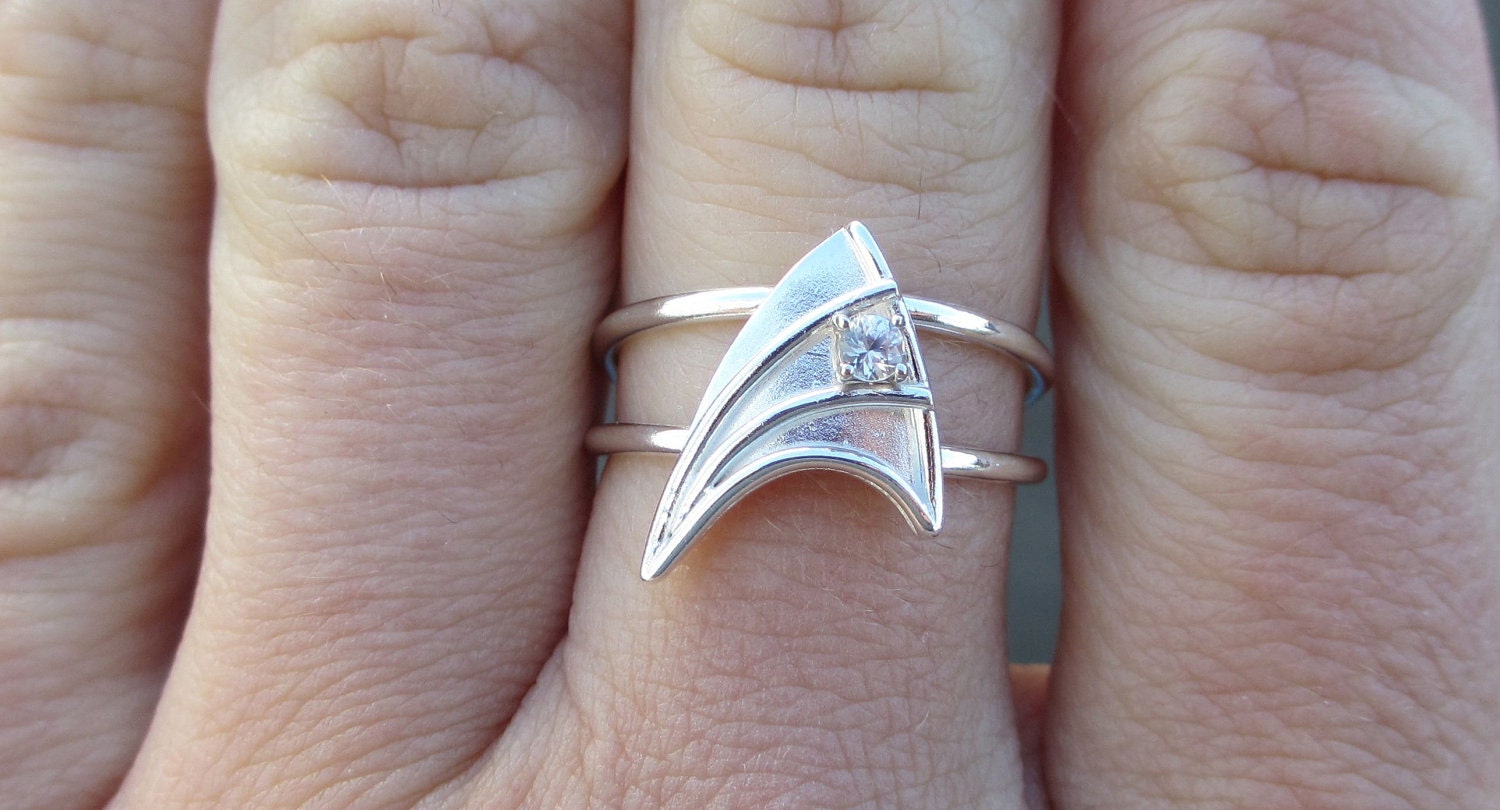 Sterling Silver Engagement Ring with White Sapphire Star Trek Insignia Inspired  Made To Order