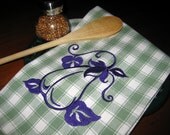 Floursack Kitchen Towel Embroidered Eggplant on Green and White Plaid