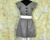 Eleanore - Gray Canvas Dress with Leather Buttons and Long White Bow size medium