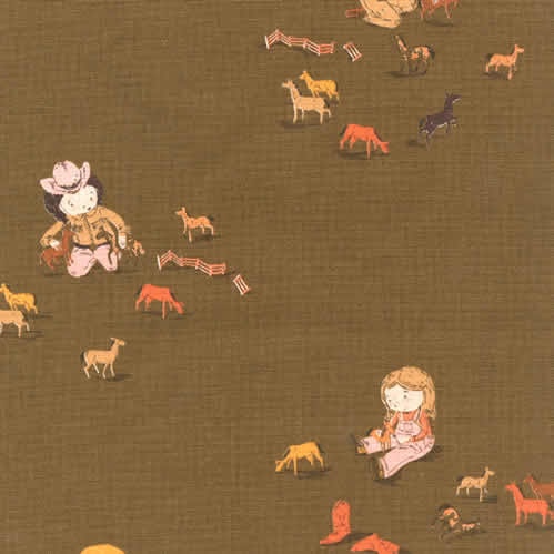 Fall Sale - Kokka Fabric Heather Ross Far Far Away 3 Girl and Horses Fabric Yardage in Brown - 1 Yard