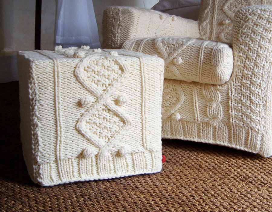 cream aran chunky knitted ottoman slip cover (to fit Ikea base)