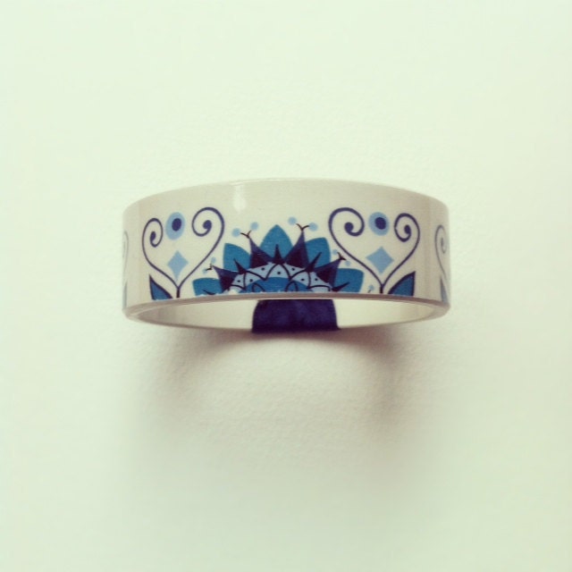 StayGoldMaryRose - Beautiful blue 60's pattern tea cup bangle/bracelet with navy blue satin ribbon band. Thin/small bangle price.