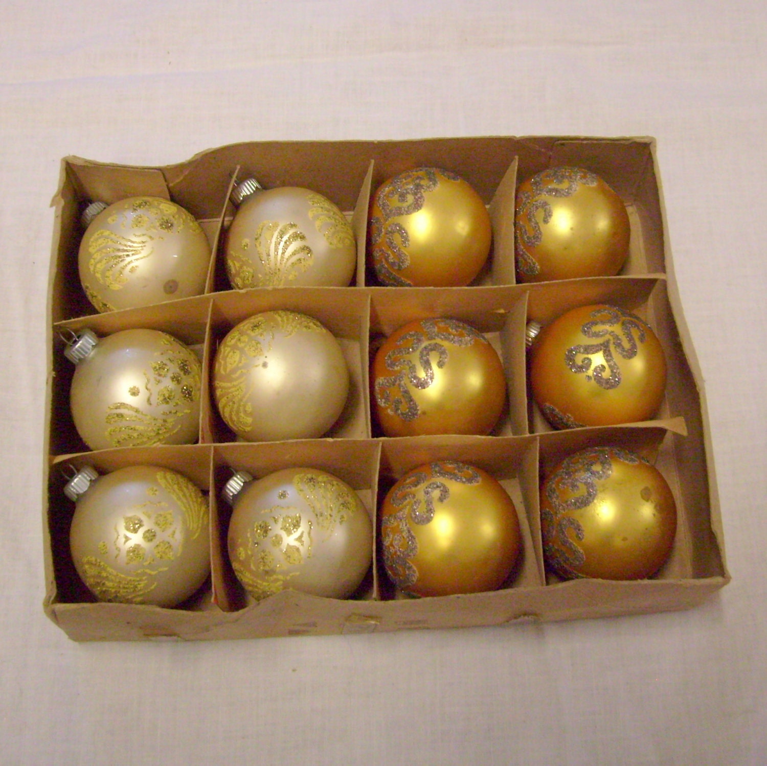 Vintage Christmas glass ornaments box set Shiny Brite 12 gold white satin glitter