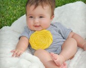 Baby bodysuit onesie with appliqué flower rosette gray and yellow
