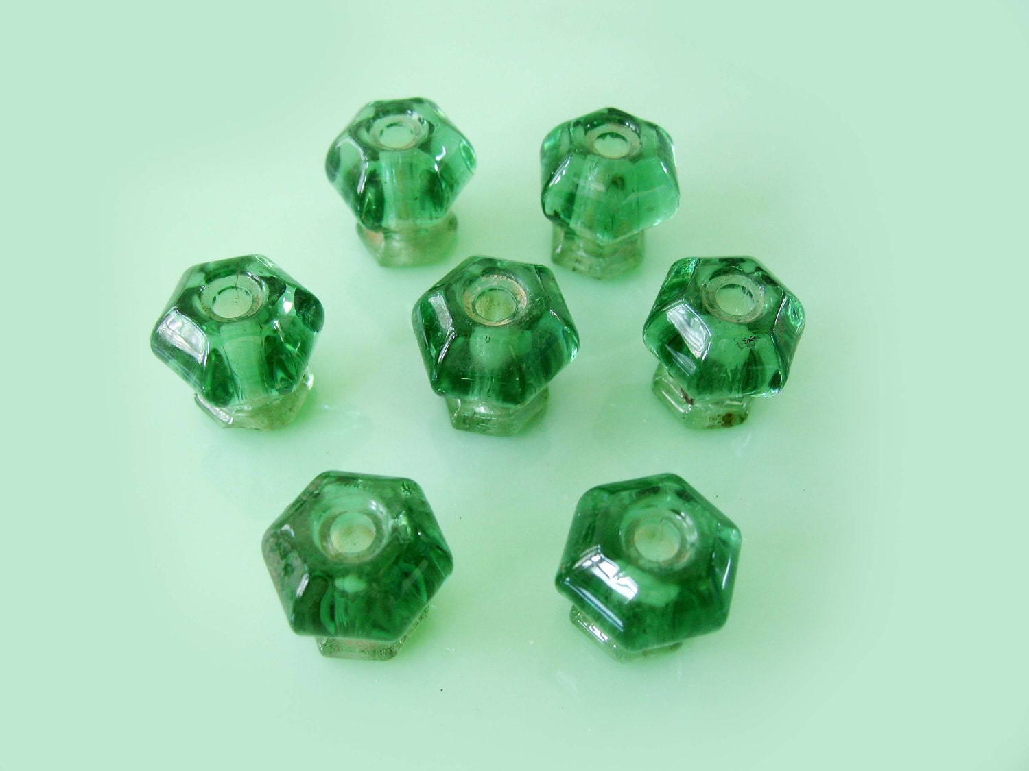 GROUP 12 Original Vintage Green Depression Glass Furniture Knobs Handles Very Shabby Chic Set Of Seven