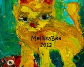 Yellow Cat with Red Fish oil painting by Melissa BEE