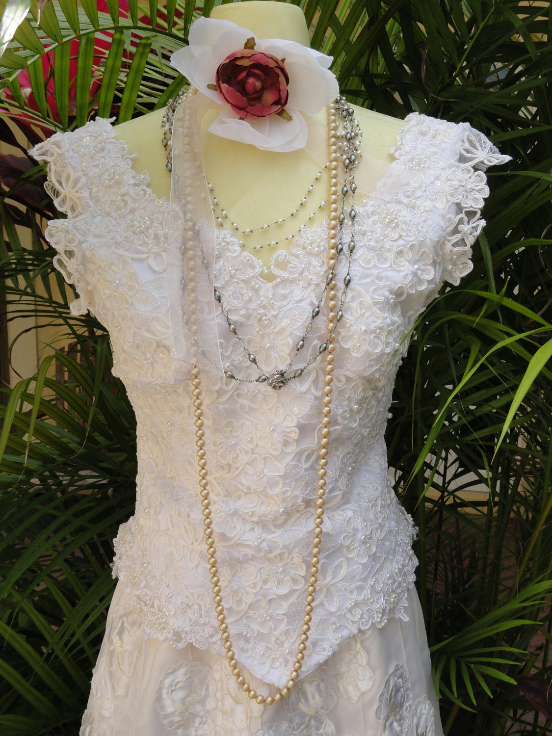 OOAK Wedding corset SALE blouse top white satin ties beading 80s vintage by vastly vintage on etsy