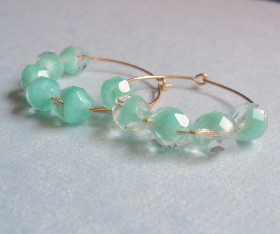 Mint glass Czech beads on gold hoop earrings.  Fabulous color.  Perfect for everyday.