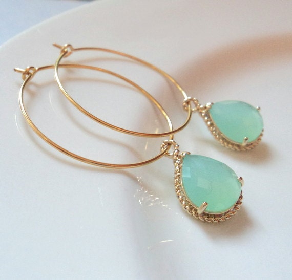 Mint aquamarine chalcedony GLASS drops on gold hoop earrings.  Bridal earrings.  Bridesmaids.  Wedding Earrings.