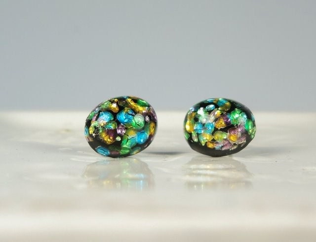 Vintage Cherry Brand 1940s/1950s Japanese black glass with metallic multi-colored foil inclusions studs post earrings