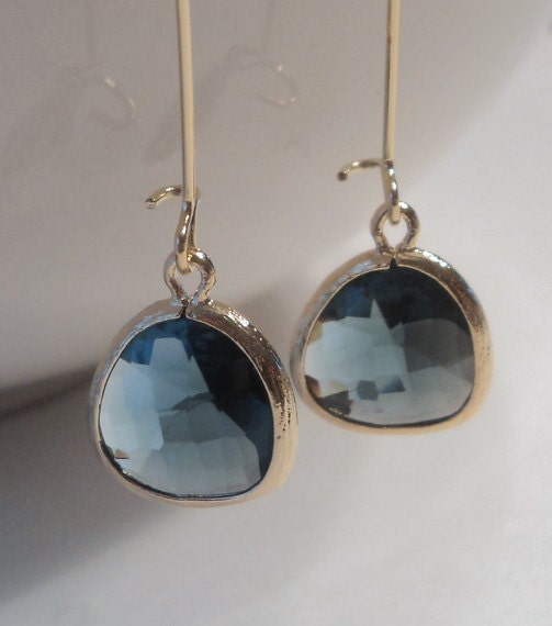 New Color sapphire blue glass and gold dangle earrings. Kidney wires. Everyday. Bridal. Simple and Gorgeous.