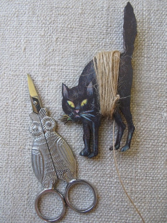 Night Owl Embroidery Scissors and Spooky Cat Thread Winder by cheswickcompany