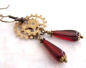 Steampunk Earrings - red Czech glass beads and brass gears - steampunk jewelry - gear earrings