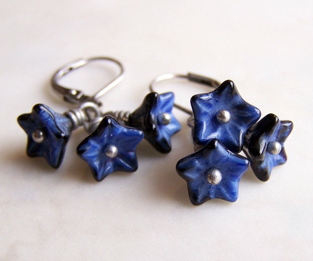 Denim Flower Earrings - blue and silver earrings with Czech glass bead flowers - blue flower earrings