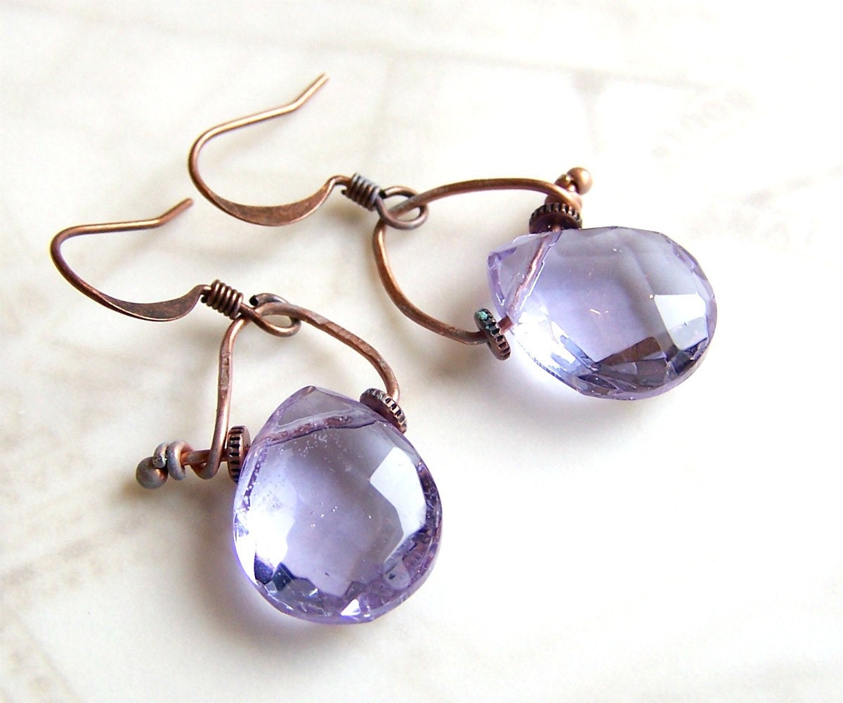 Alexandrite Earrings in a Romantic Industrial Style - Copper with patina green & pale purple briolettes