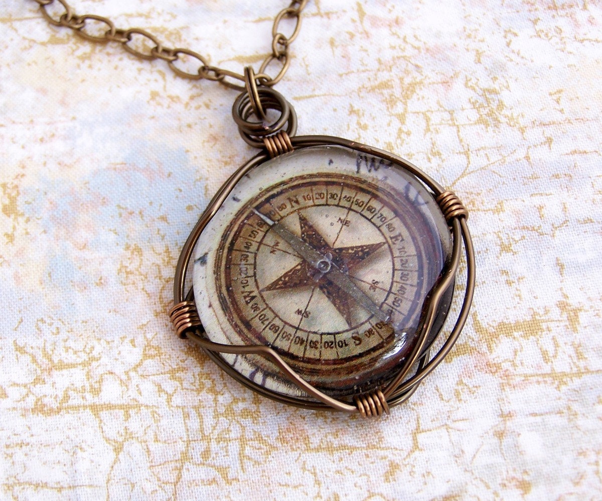 Compass Pendant of wire wrapped glass to keep you pointed in the right direction - Steampunk Jewelry - Pirate Inspired